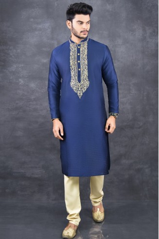 CLASSIC BLUE INDIAN MEN'S FESTIVE KURTA PAJAMA SUIT