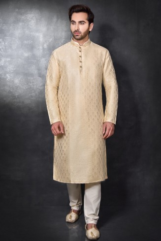 Punjabi Kurta Pakistani Shalwar In Peach Jacquard Fabric