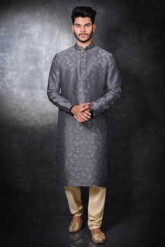 GREY & BEIGE BROCADE STYLISH INDIAN WEDDING KURTA PYJAMA