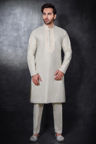 OFF WHITE READY MADE DESIGNER MEN'S KURTA PAJAMA SET