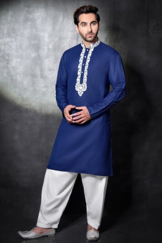 CLASSIC WHITE & BLUE READY MADE DESIGNER MEN'S KURTA SALWAR
