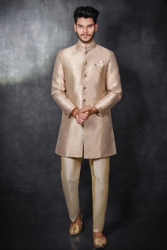 GOLD JACQUARD COAT KURTA AND PANT PYJAMA INDIAN MENS ETHNIC SUIT