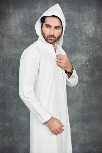 WHITE OMANI STYLE JUBBA WITH HOODIE