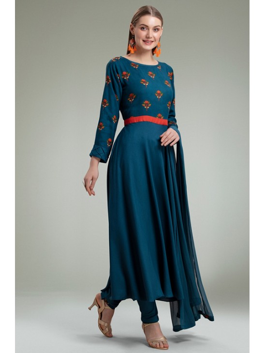 PEACOCK BLUE AFGHANI STYLE READYMADE FLARED DRESS