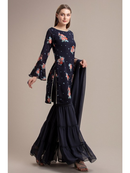 NAVY BLUE FLORAL PRINTED GHARARA SUIT NAVY BLUE FLORAL PRINTED GHARARA SUIT