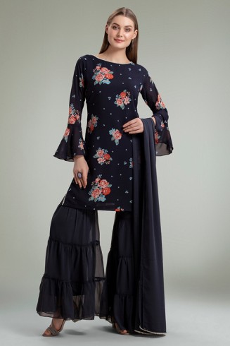 NAVY BLUE FLORAL PRINTED GHARARA SUIT