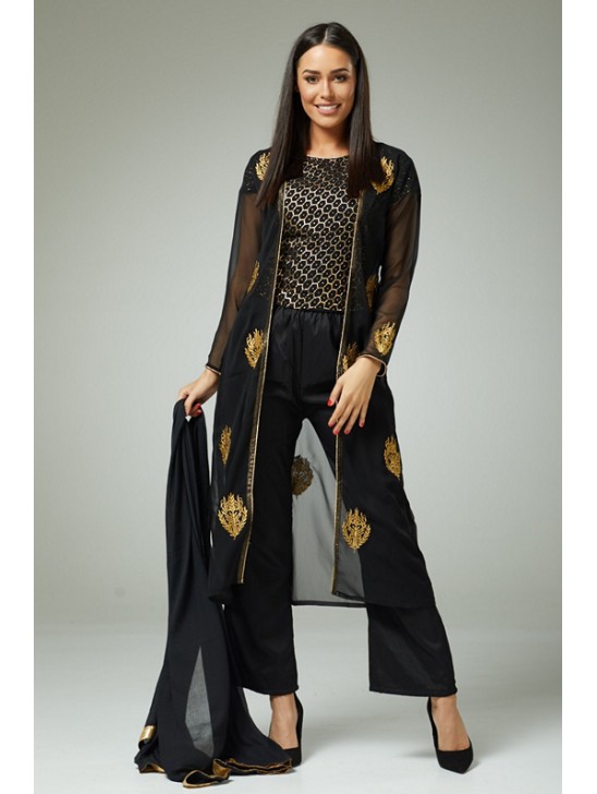 Black Gold Modern Flamboyant Outfit Readymade Suit Black Gold Modern Flamboyant Outfit Readymade Suit