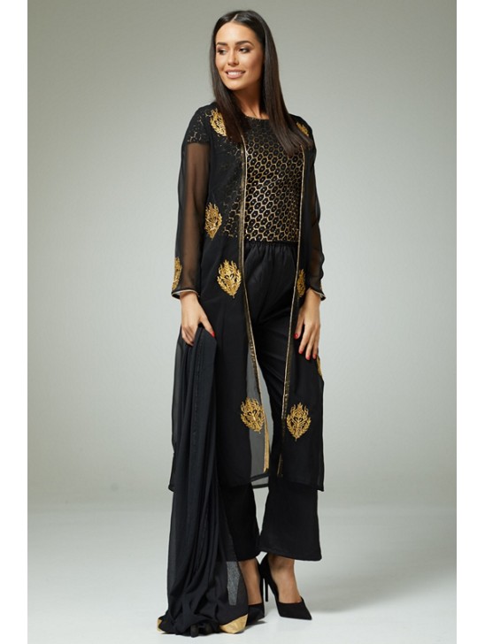 Black Gold Modern Flamboyant Outfit Readymade Suit Black Gold Modern Flamboyant Outfit Readymade Suit