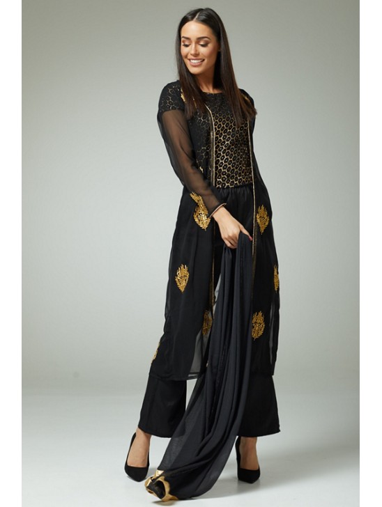 Black Gold Modern Flamboyant Outfit Readymade Suit Black Gold Modern Flamboyant Outfit Readymade Suit