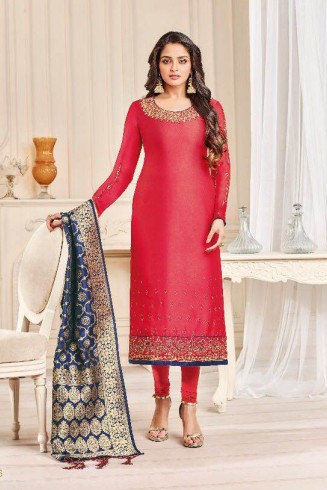 Red Straight Indian Party Wear Churidar Suit