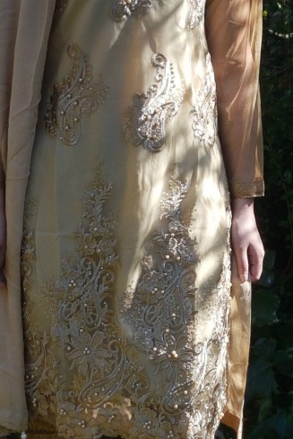 LUXURY BEIGE GOLD PEARL EID DESIGNER READY MADE SUIT 