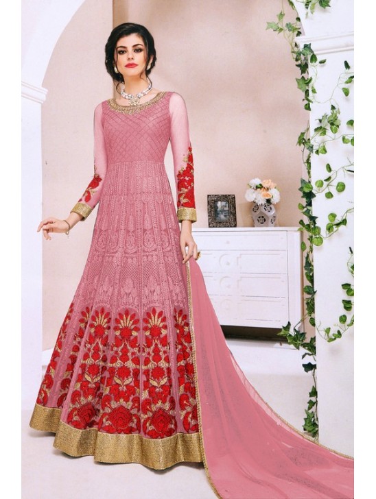 Pink Red Net Heavy Embroidered Floral Anarkali Gown