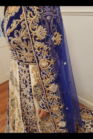ROYAL BLUE AND GOLDEN HEAVY EMBROIDERED BRIDAL WEAR GOWN 