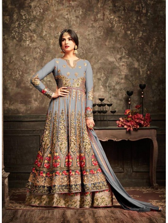 Grey Gold Wedding Bridal Gown Anarkali Long Indian Dress Grey Gold Wedding Bridal Gown Anarkali Long Indian Dress