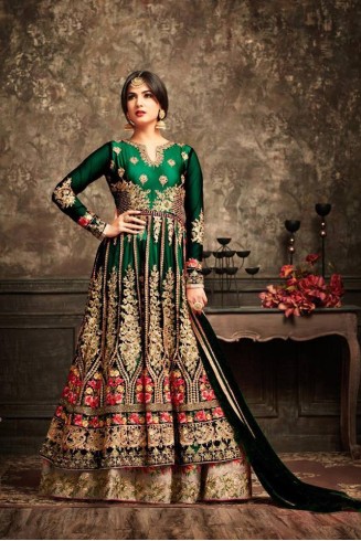 Green and Gold Wedding Wear Bridal Gown Anarkali Indian Long Dress