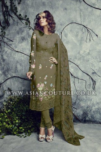Mehndi Colour Indian Pakistani Georgette Churidar Party Wear Suit 