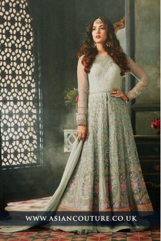 Nile Green Indian Party Wear Asian Anarkali Wedding Bridal Gown Dress