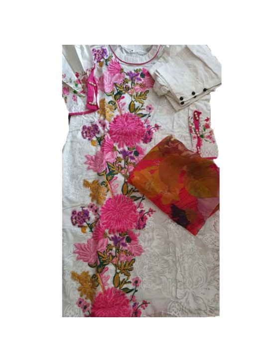 White Pink Contrast Brocade Embroidery Designer Pakistan Capri Suit White Pink Contrast Brocade Embroidery Designer Pakistan Capri Suit