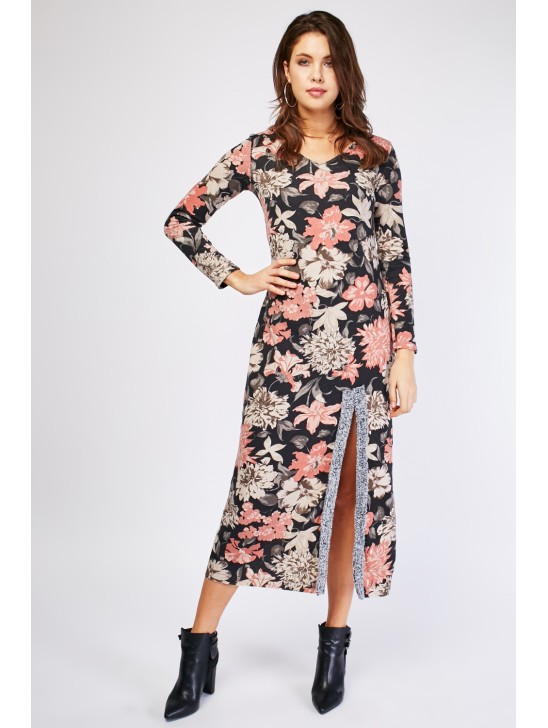 Black Vintage Flowery Printed Front Slit Dress Black Vintage Flowery Printed Front Slit Dress