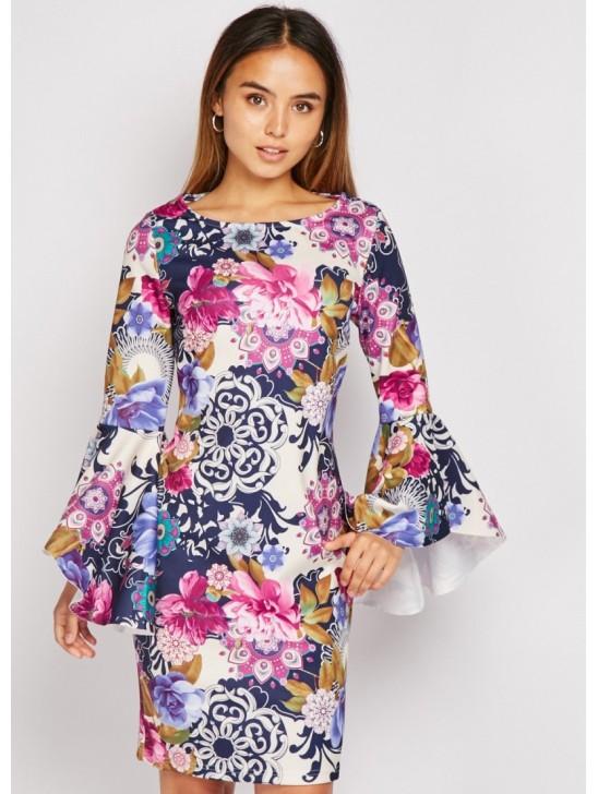 PURPLE BELL SLEEVE PRINTED MINI DRESS PURPLE BELL SLEEVE PRINTED MINI DRESS