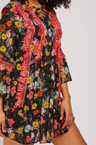Girls’ Black Floral Printed Tea Chiffon Dress