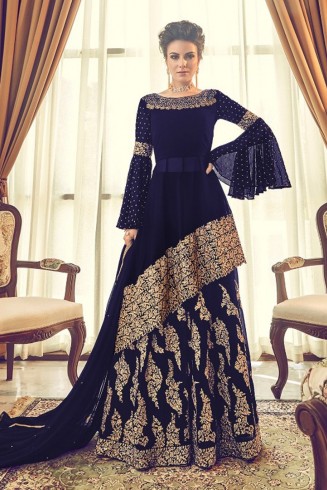 BLUE HEAVY EMBROIDERED INDIAN PAKISTANI WEDDING SHARARA LEHENGA