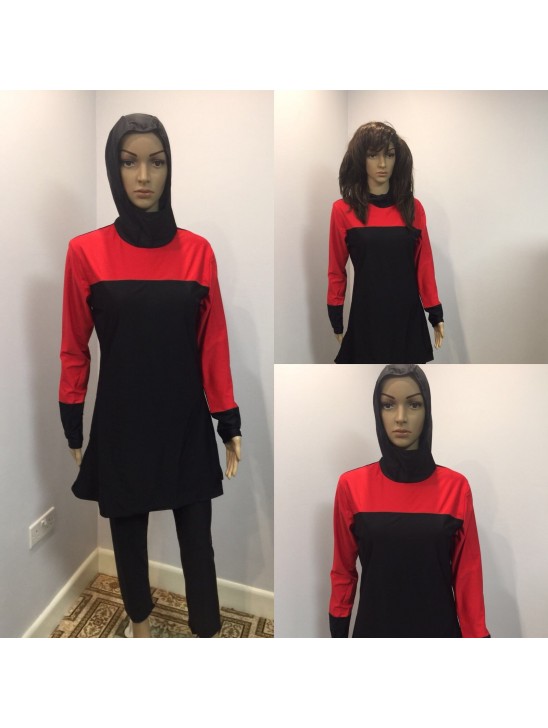 Red Long Sleeve Muslim Islamic Full Cover Black Costume Modest Swimwear Burkini