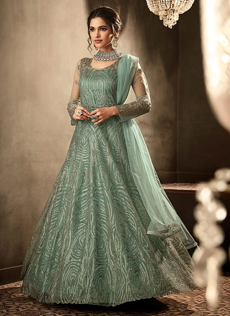 SAGE GREEN DESI WEDDING WEAR BRIDAL GOWN AT ASIAN COUTURE