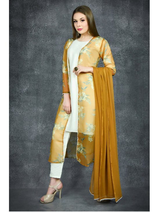 CREAM & MUSTARD FRONT OPEN FLORAL PRINTED JACKET SUIT CREAM & MUSTARD FRONT OPEN FLORAL PRINTED JACKET SUIT