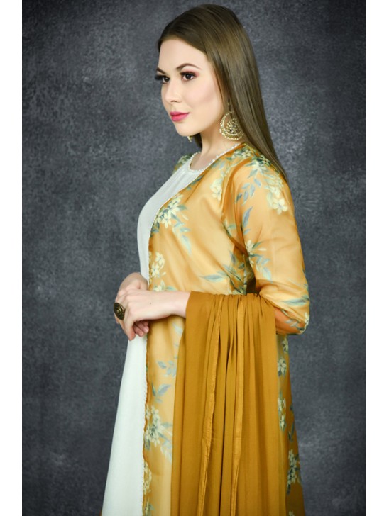CREAM & MUSTARD FRONT OPEN FLORAL PRINTED JACKET SUIT CREAM & MUSTARD FRONT OPEN FLORAL PRINTED JACKET SUIT