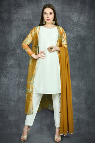 CREAM & MUSTARD FRONT OPEN FLORAL PRINTED JACKET SUIT