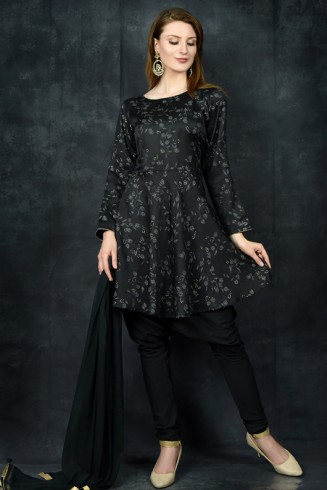 Black Peplum Style Printed Kurti Suit Set
