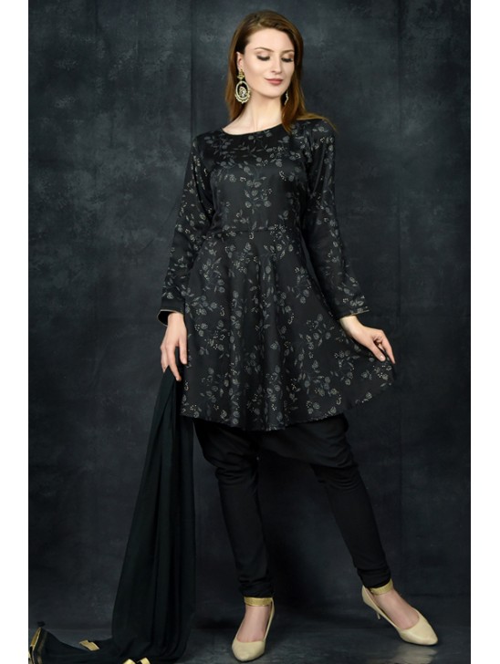 Black Peplum Style Printed Kurti Suit Set Black Peplum Style Printed Kurti Suit Set