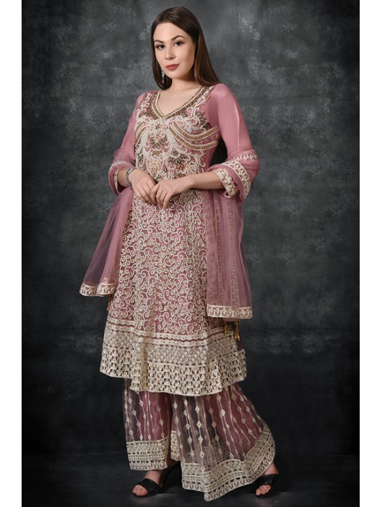 Rose Tan Embroidered Frock & Gharara Suit Rose Tan Embroidered Frock & Gharara Suit