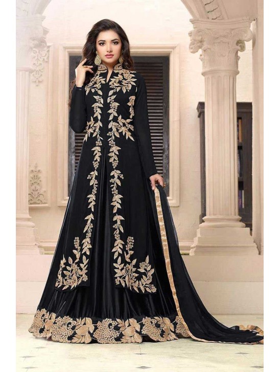BLACK ETHNIC PARTY WEAR DESIGNER INDO WESTERN SLIT STYLE ANARKALI