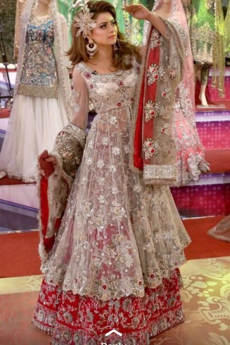 ZAS-345 RED AND NUDE HEAVY EMBROIDERED PAKISTANI WEDDING OUTFIT