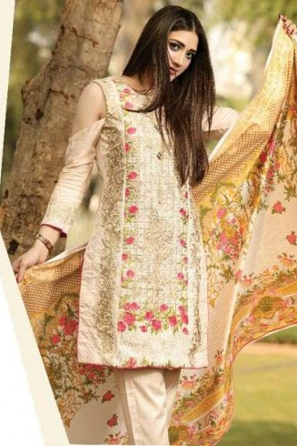 ZEA-D01 ESHA AISHA D01 PEACH BEIGE UNSTITCHED PAKISTANI POLY WOOL SHAWL SUIT