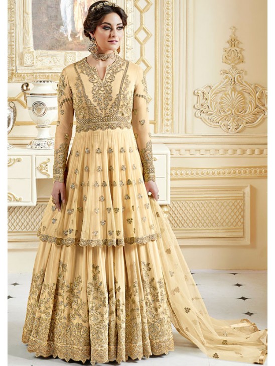 GOLDEN CREAM INDIAN & PAKISTANI DESIGNER PARTY AND WEDDING WEAR FANCY ANARKALI GOWN