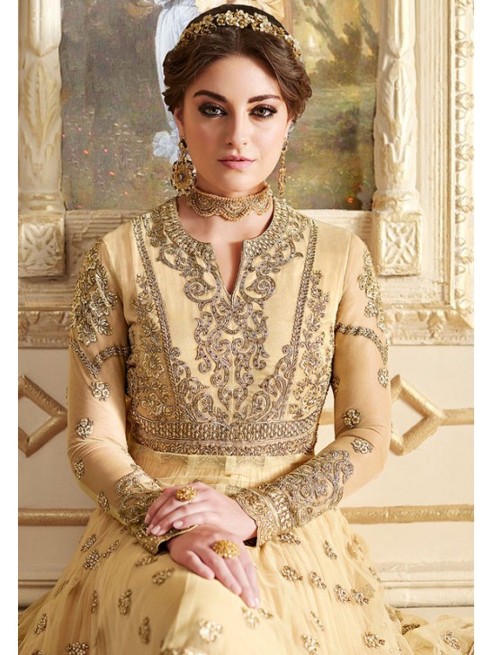 GOLDEN CREAM INDIAN & PAKISTANI DESIGNER PARTY AND WEDDING WEAR FANCY ANARKALI GOWN