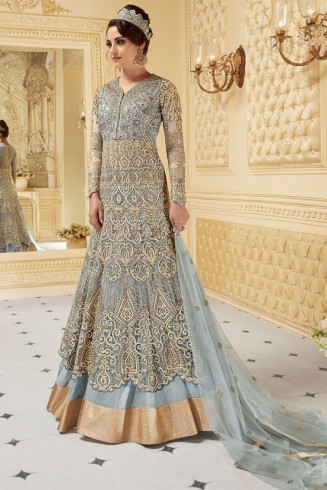 STUNNING FADED DENIM INDIAN & PAKISTANI DESIGNER PARTY AND WEDDING WEAR FANCY ANARKALI GOWN