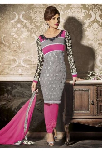 5127 SLEET GREY AND PINK HEROINE PRIYANKA CHOPRA GEORGETTE STRAIGHT CUT SUIT