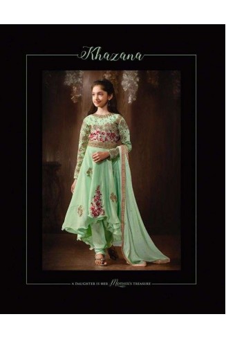 8077 GREEN PARTY WEAR SILK ANARKALI SUIT FOR GIRLS 