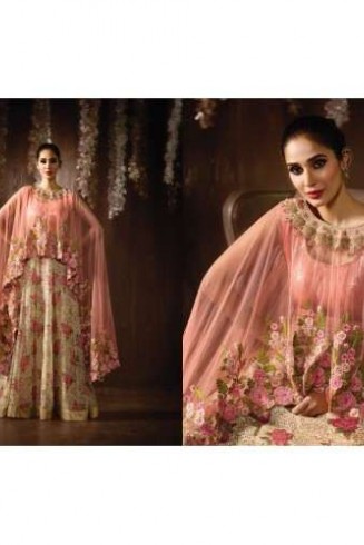 8078 PEACH AND CREAM KARMA FLORAL PRINTED PARTY WEAR INDIAN DESIGNER ANARKALI SUIT 