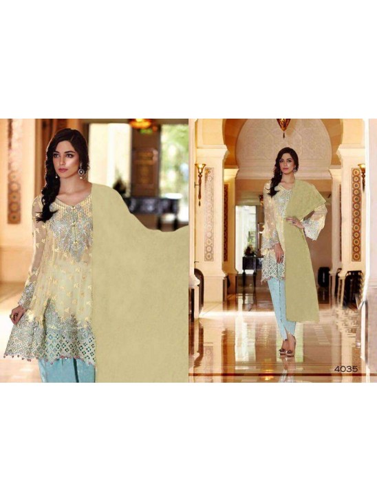 ZMB-4035 BEIGE AND BLUE MARIA B STYLE PAKISTANI SALWAR KAMEEZ SUIT