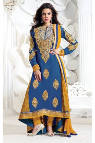 BLUE MEHZABI PARTY WEAR LONG STRAIGHT SALWAR KAMEEZ