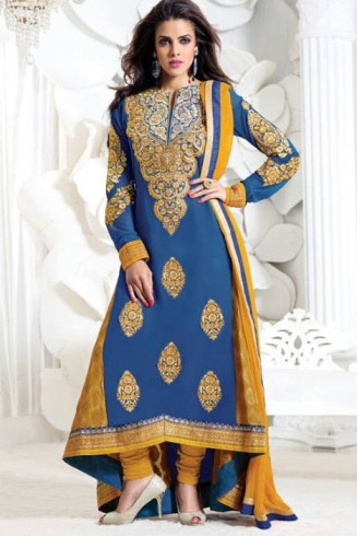 BLUE MEHZABI PARTY WEAR LONG STRAIGHT SALWAR KAMEEZ