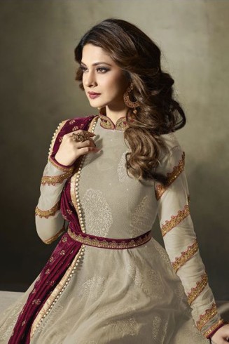 Beige Jacquard Anarkali Suit With Velvet Shawl