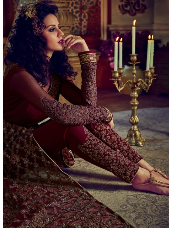 MAROON NIRVANA 5201 EMBROIDERED SLIT STYLE ANARKALI SEMI STITCHED GOWN ( DELIVERY IN 2 WEEKS ) MAROON NIRVANA 5201 EMBROIDERED SLIT STYLE ANARKALI SEMI STITCHED GOWN ( DELIVERY IN 2 WEEKS )