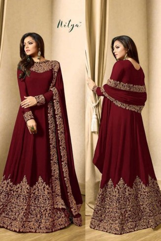 MAROON EMBROIDERED FLOOR LENGTH INDIAN ANARKALI SUIT 