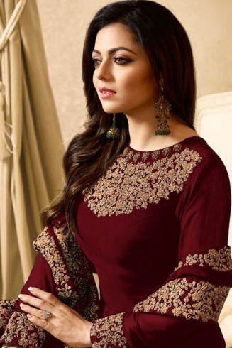 MAROON EMBROIDERED FLOOR LENGTH INDIAN ANARKALI SUIT 